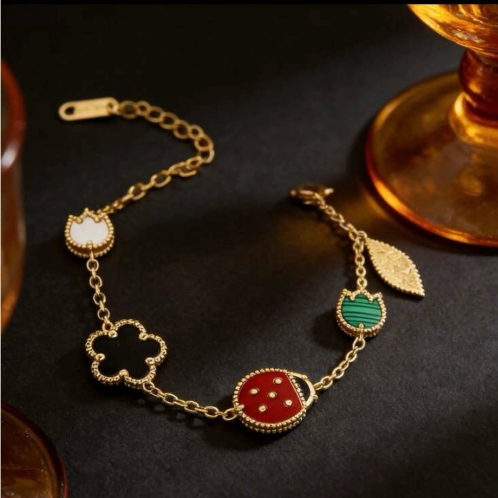Gold Multi-Color Clover & Ladybug Charm Bracelet - Women Jewelry - Picture 2 of 5